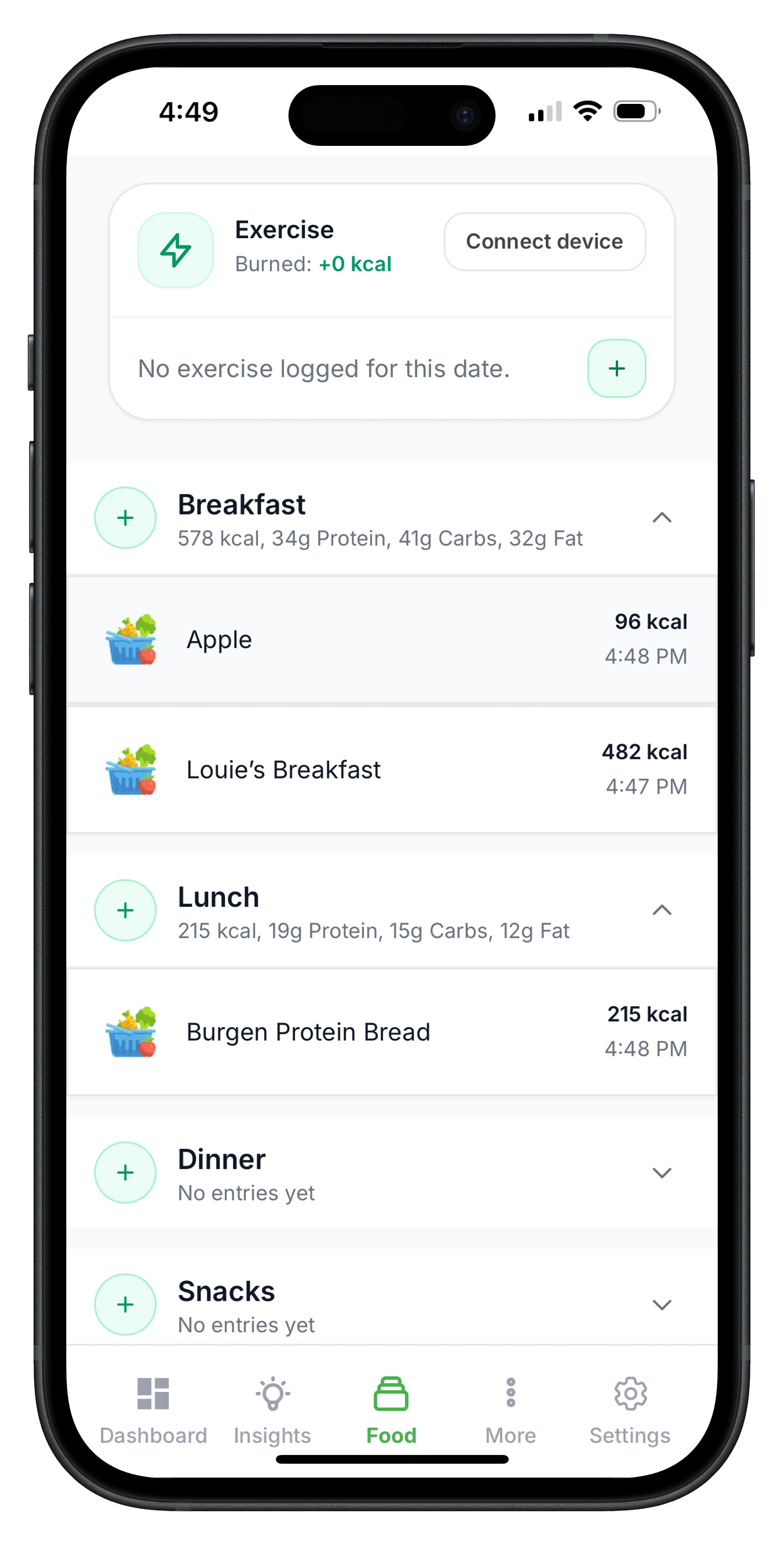 Food diary entries list
